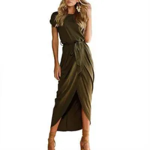 6 Colors, High Split Casual Long Maxi Dress Solid Women's Retro Dresses With Belt