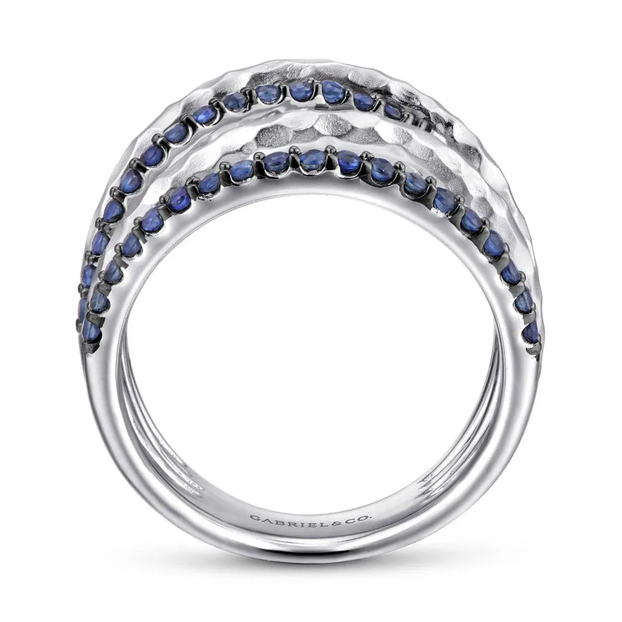 925 Sterling Silver Hammered Wide Band Sapphire Layered Ring