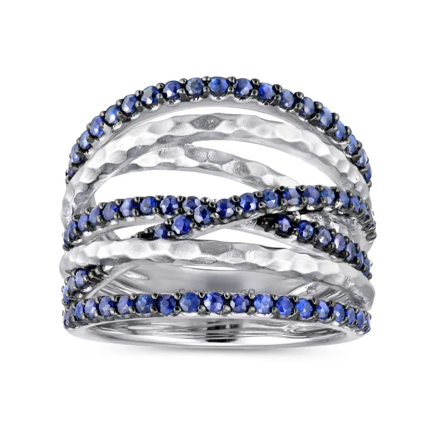 925 Sterling Silver Hammered Wide Band Sapphire Layered Ring