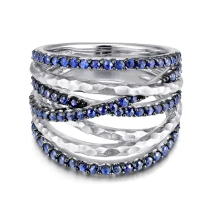 925 Sterling Silver Hammered Wide Band Sapphire Layered Ring