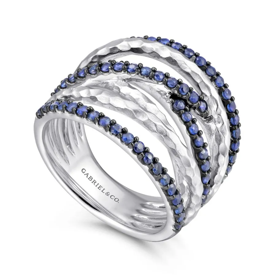 925 Sterling Silver Hammered Wide Band Sapphire Layered Ring