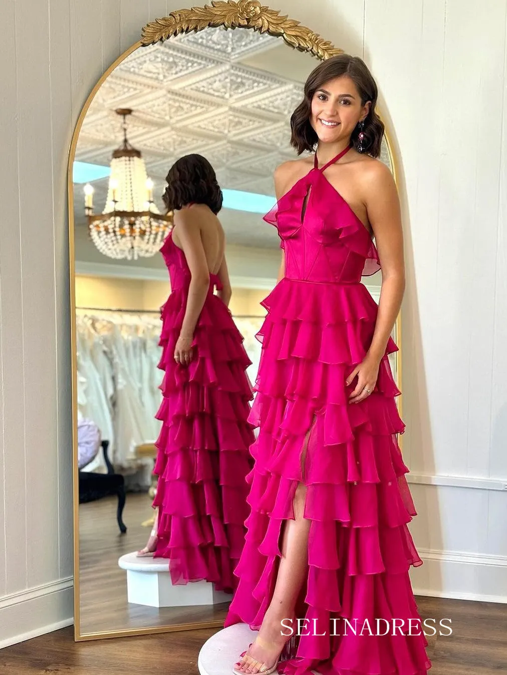 A-line Halter Fuchsia Ruffles Long Prom Dress With Slit lpk931
