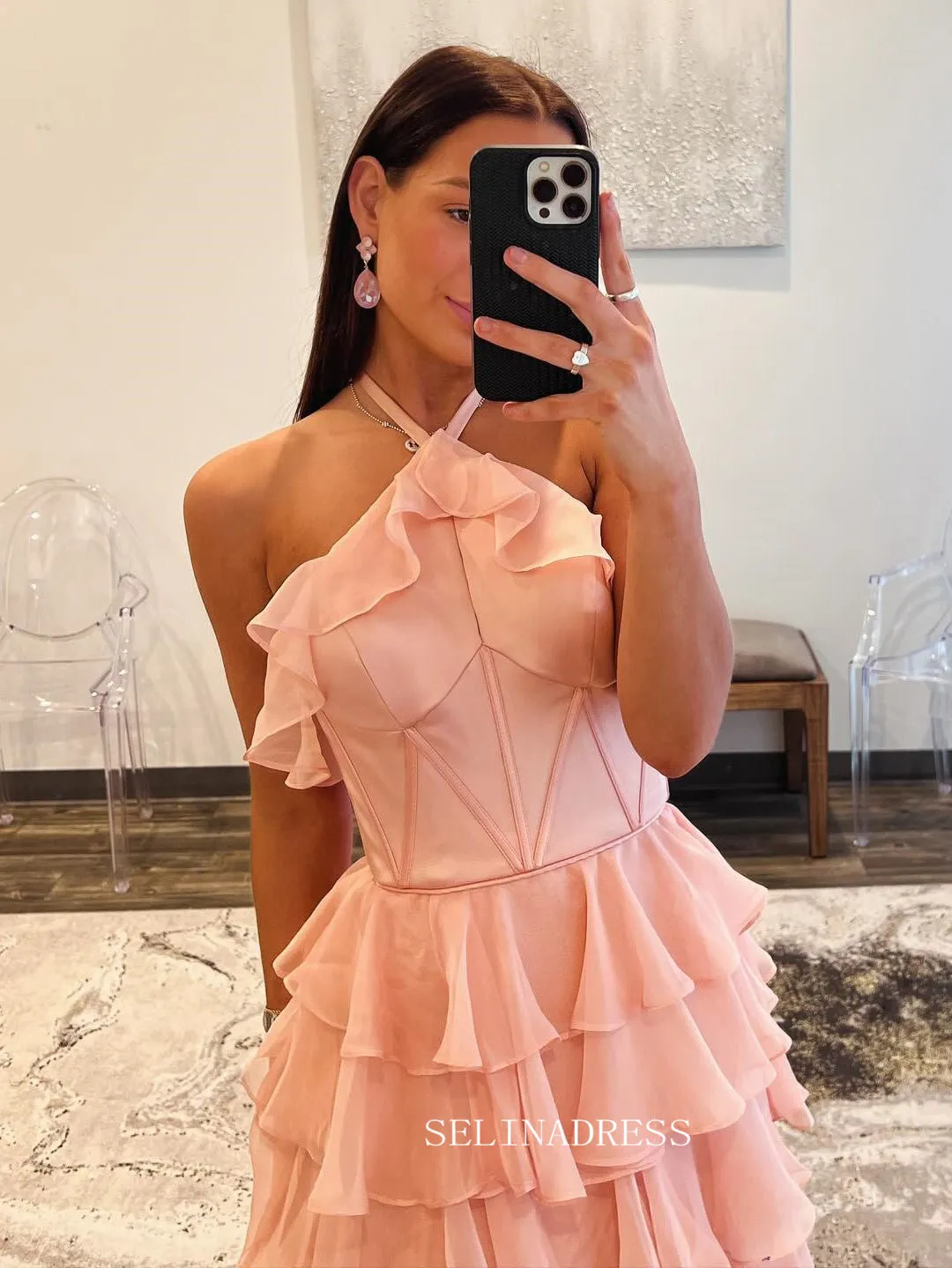 A-line Halter Fuchsia Ruffles Long Prom Dress With Slit lpk931
