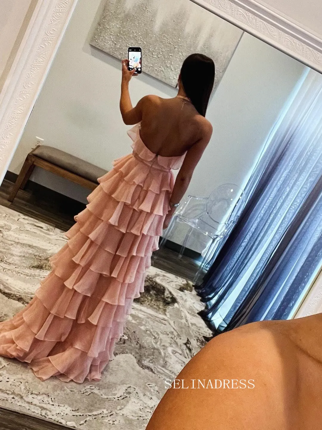 A-line Halter Fuchsia Ruffles Long Prom Dress With Slit lpk931