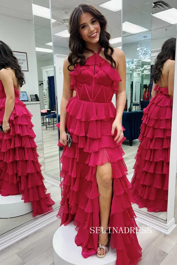 A-line Halter Fuchsia Ruffles Long Prom Dress With Slit lpk931