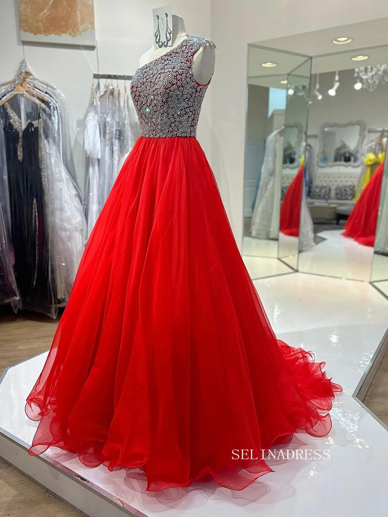 A-line One Shoulder Beaded Long Prom Dress Evening Dress SEW1127