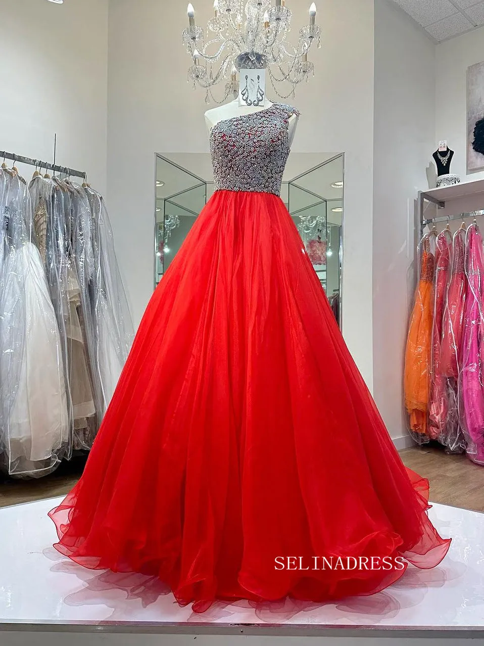 A-line One Shoulder Beaded Long Prom Dress Evening Dress SEW1127