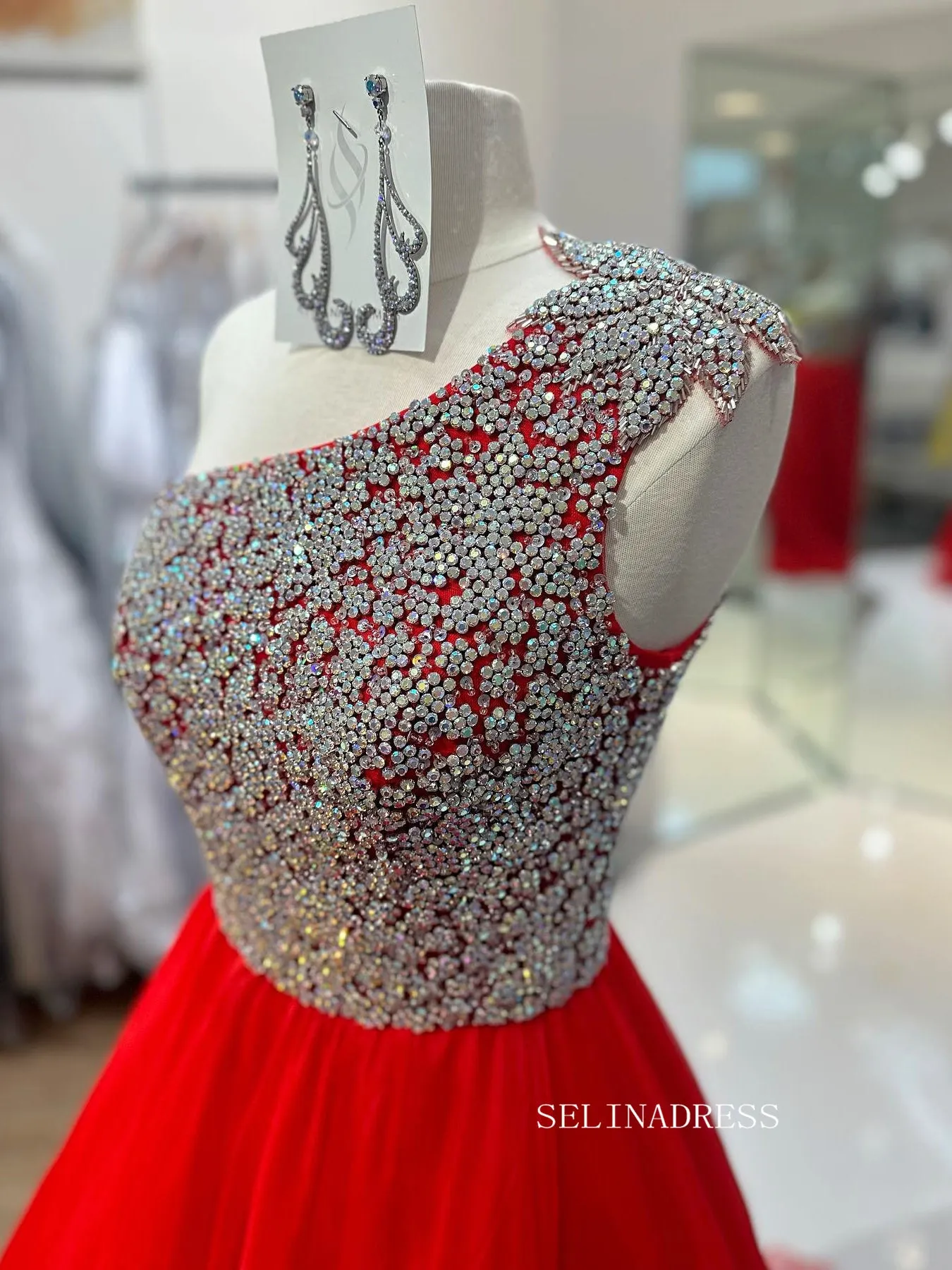 A-line One Shoulder Beaded Long Prom Dress Evening Dress SEW1127