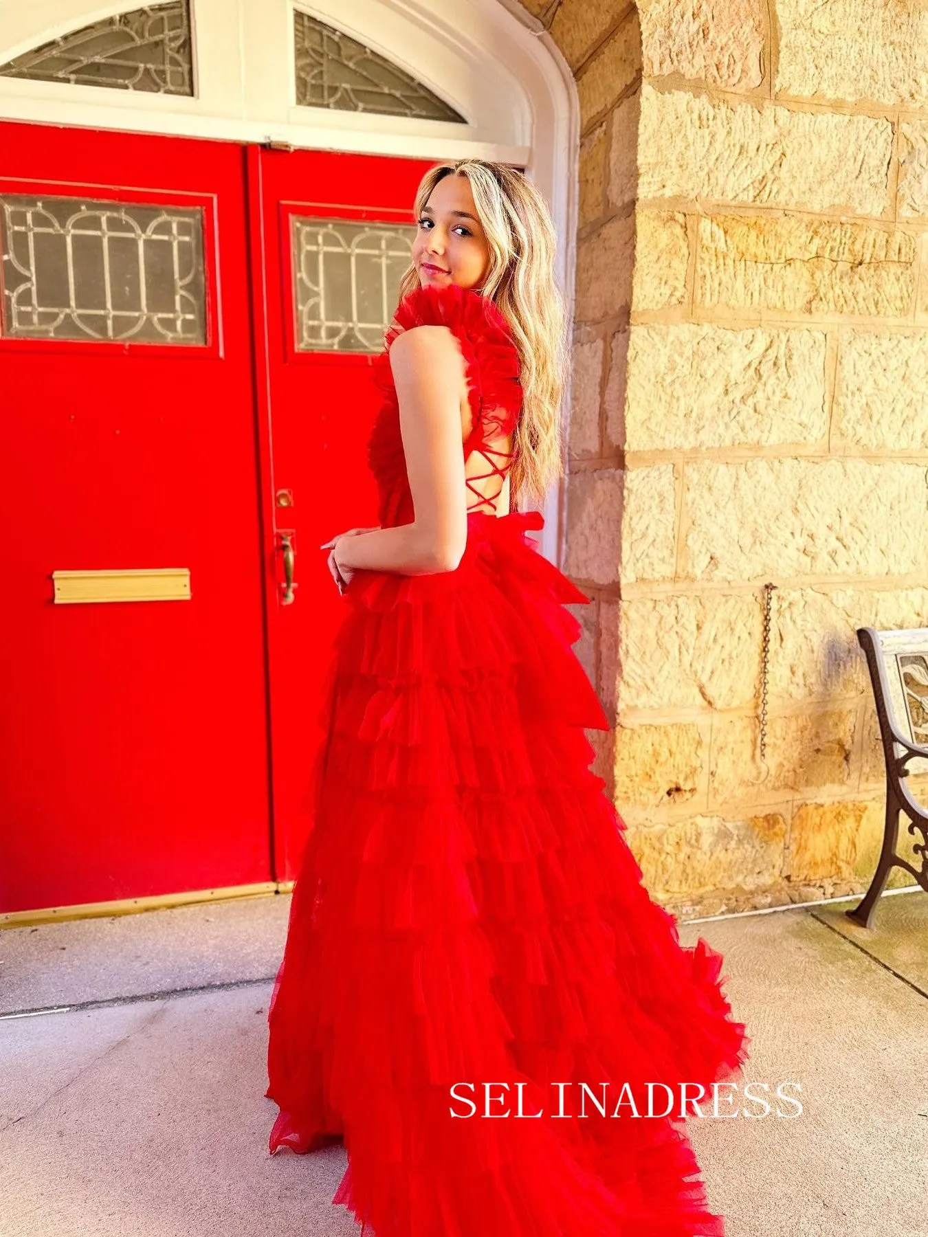 A-line Red Long Prom Dresses Ruffles Tulle Evening Dresses lpk506