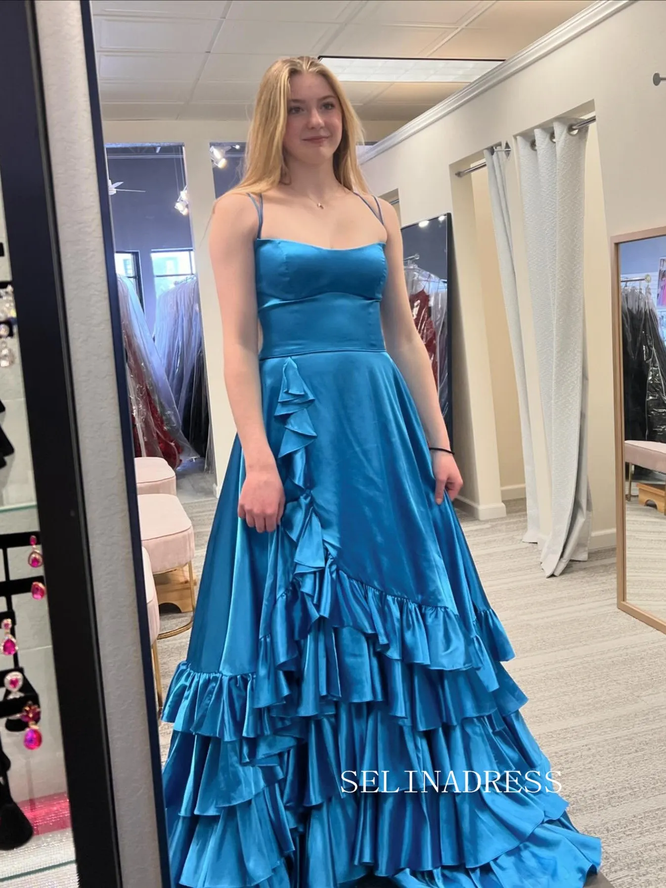 A Line Spaghetti Straps Elastic Satin Prom Dresses With Slit And Flounced sew1022