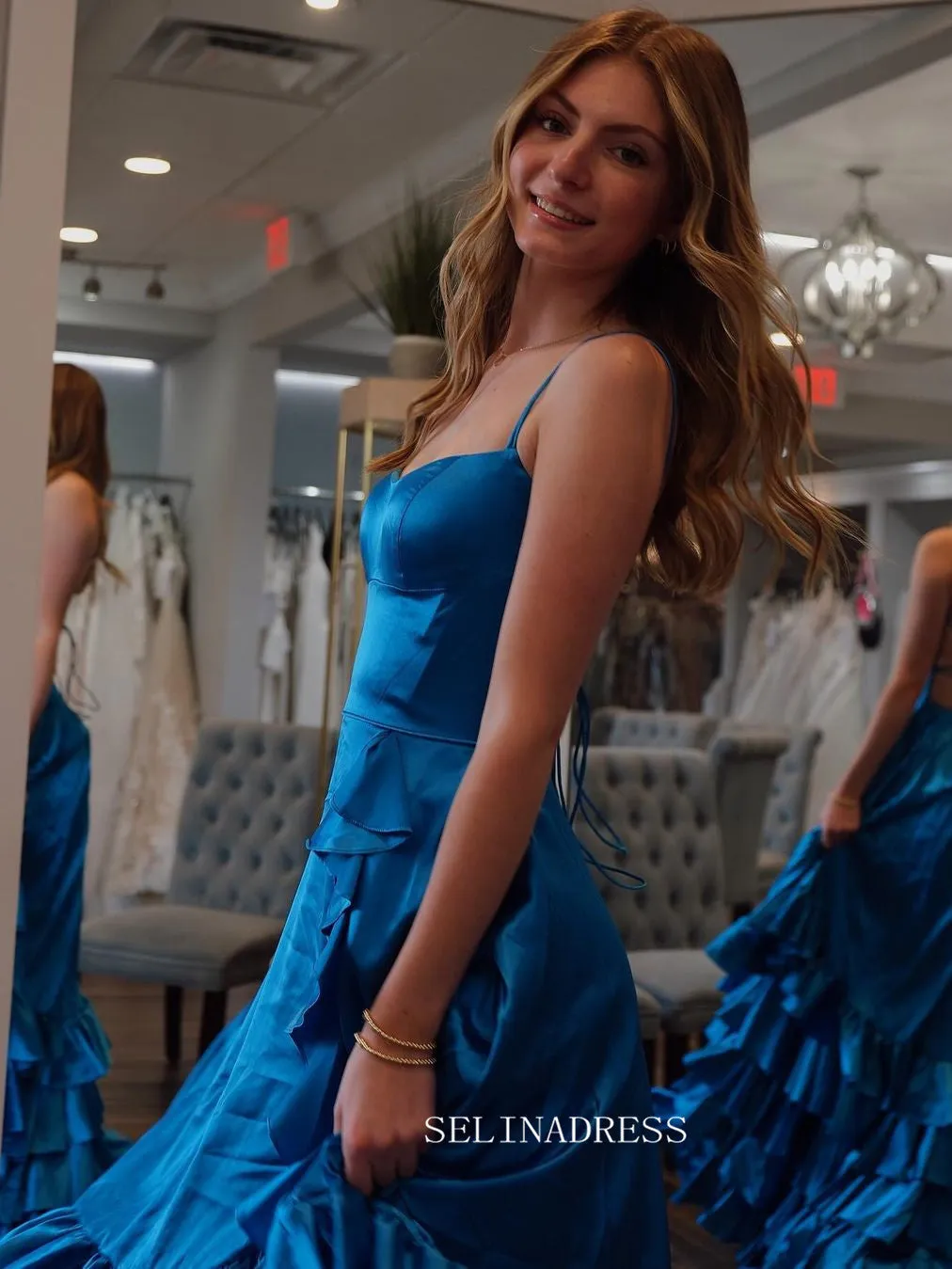 A Line Spaghetti Straps Elastic Satin Prom Dresses With Slit And Flounced sew1022