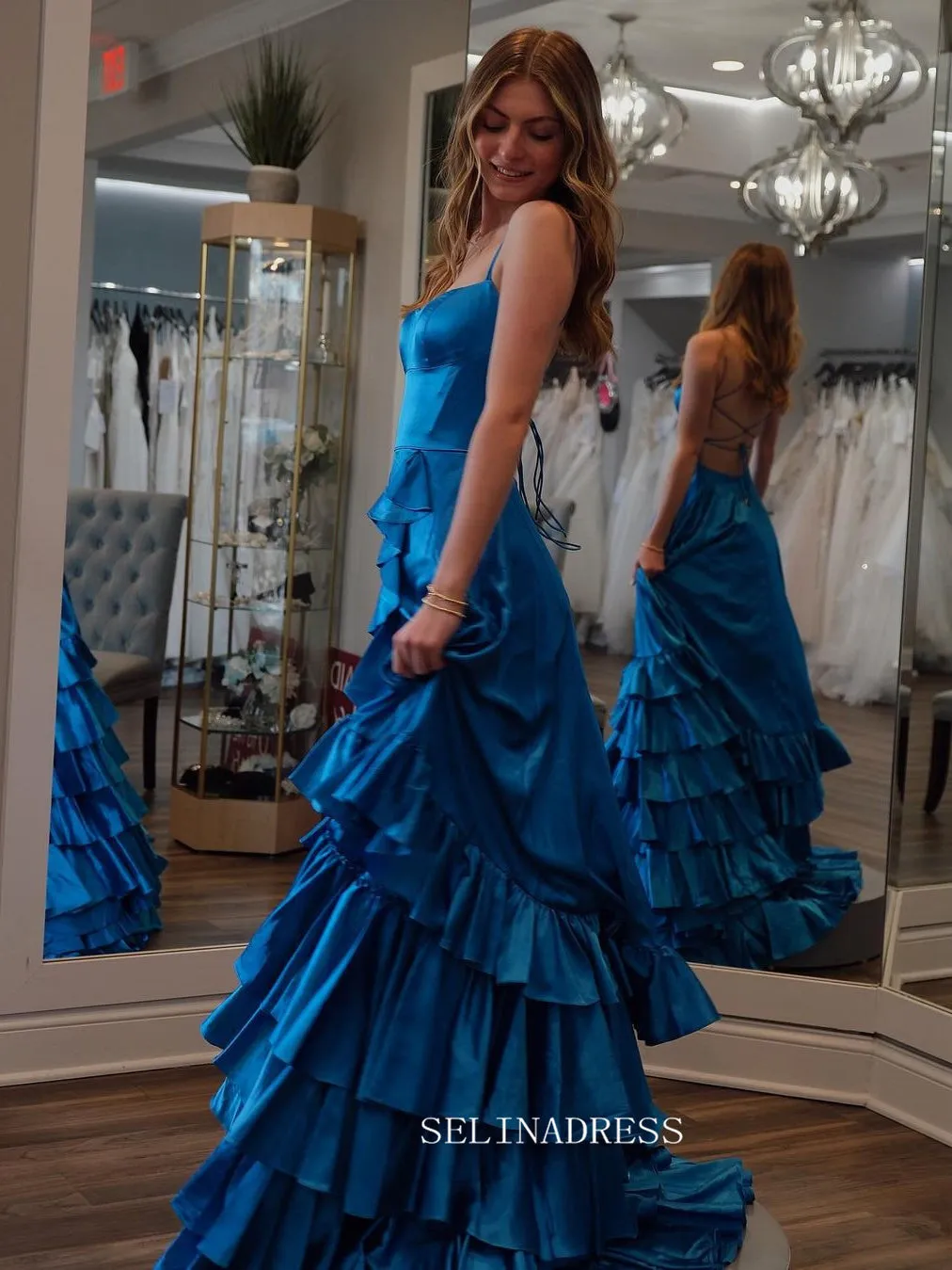 A Line Spaghetti Straps Elastic Satin Prom Dresses With Slit And Flounced sew1022