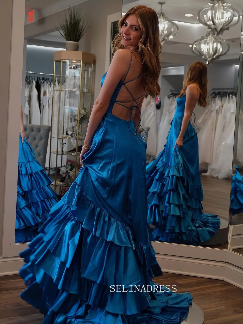 A Line Spaghetti Straps Elastic Satin Prom Dresses With Slit And Flounced sew1022