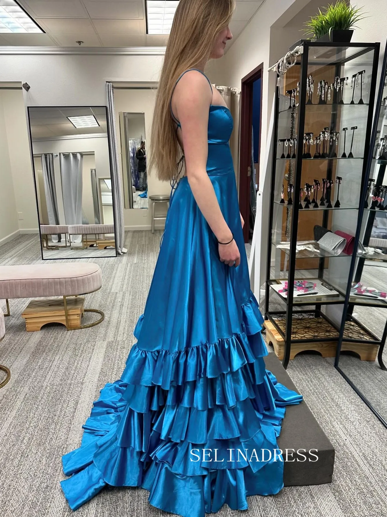 A Line Spaghetti Straps Elastic Satin Prom Dresses With Slit And Flounced sew1022