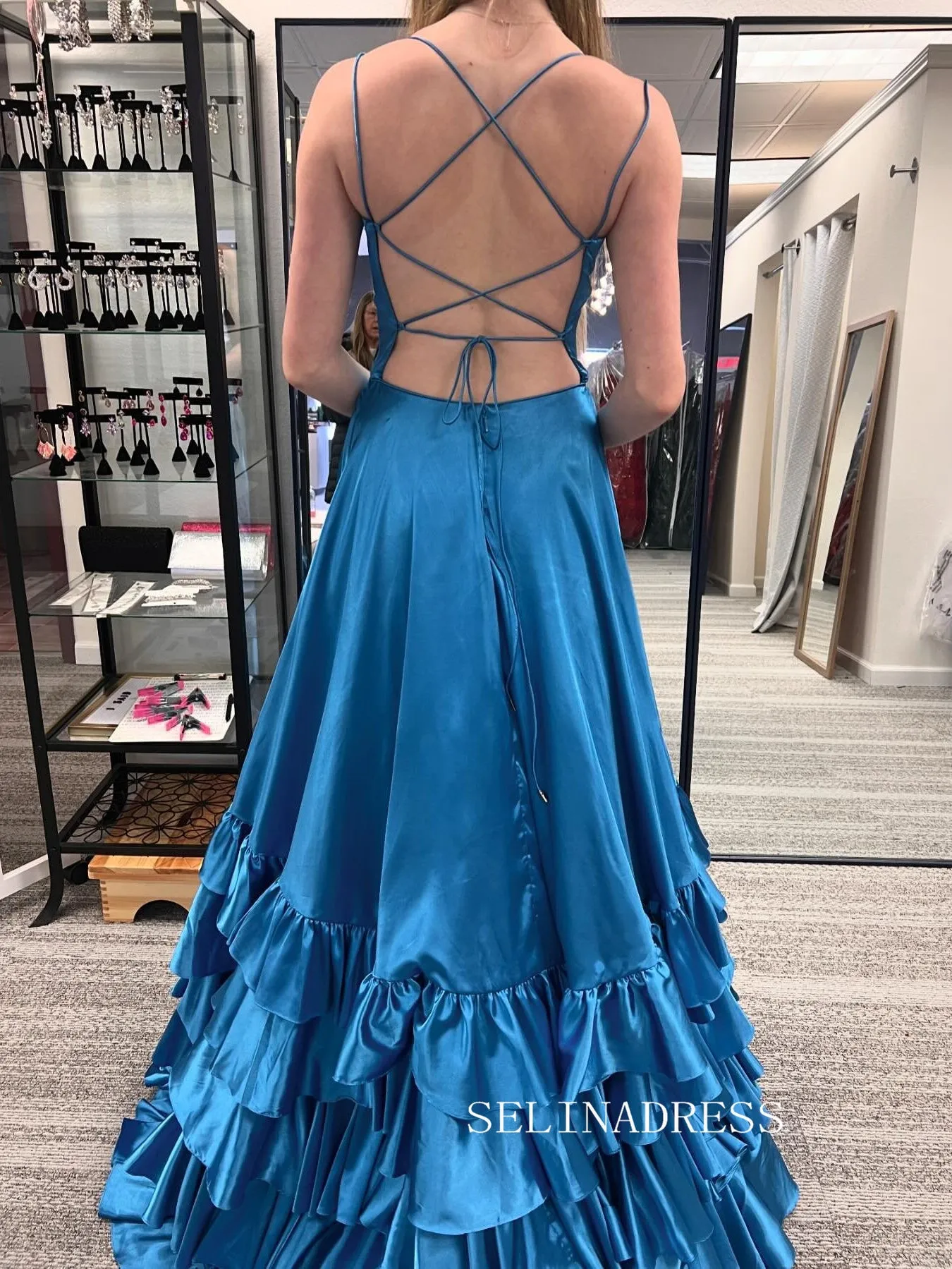 A Line Spaghetti Straps Elastic Satin Prom Dresses With Slit And Flounced sew1022