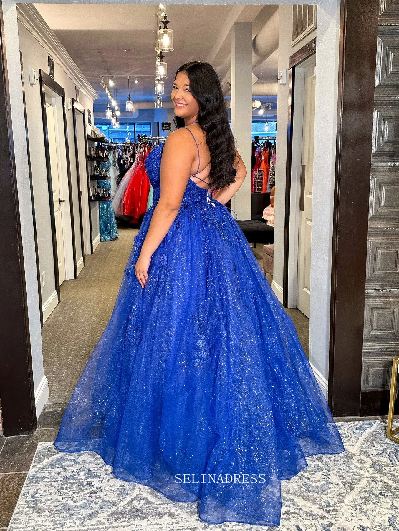 A-line Spaghetti Straps Royal Blue Sparkly Lace Long Prom Dress sew1068