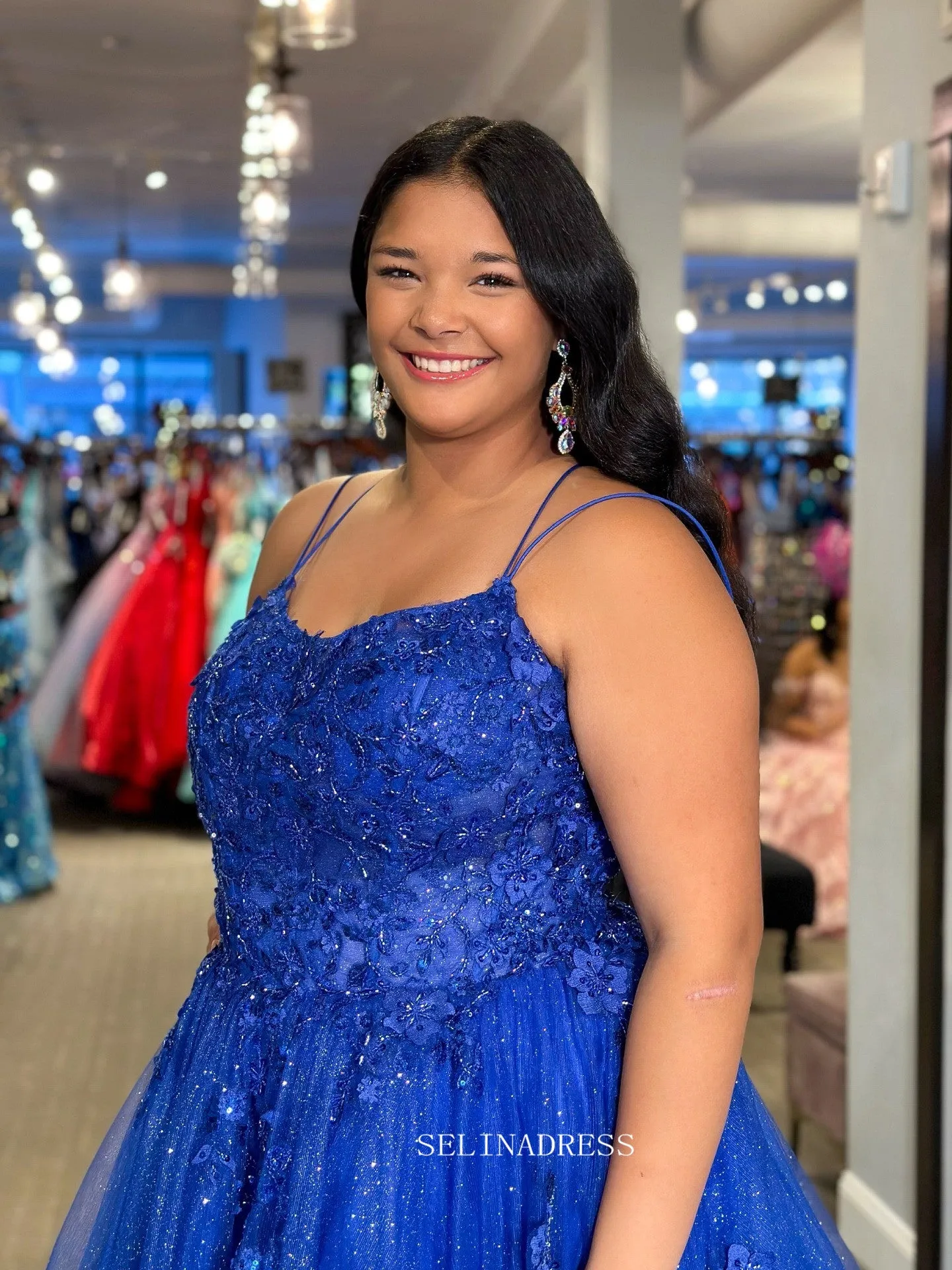 A-line Spaghetti Straps Royal Blue Sparkly Lace Long Prom Dress sew1068