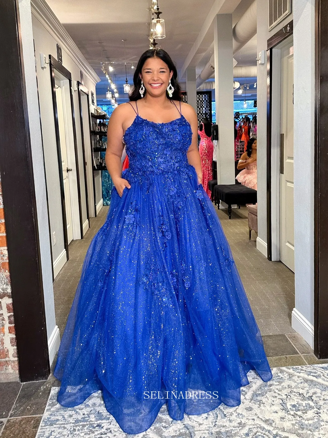 A-line Spaghetti Straps Royal Blue Sparkly Lace Long Prom Dress sew1068