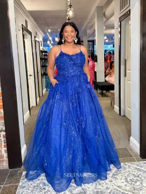 A-line Spaghetti Straps Royal Blue Sparkly Lace Long Prom Dress sew1068