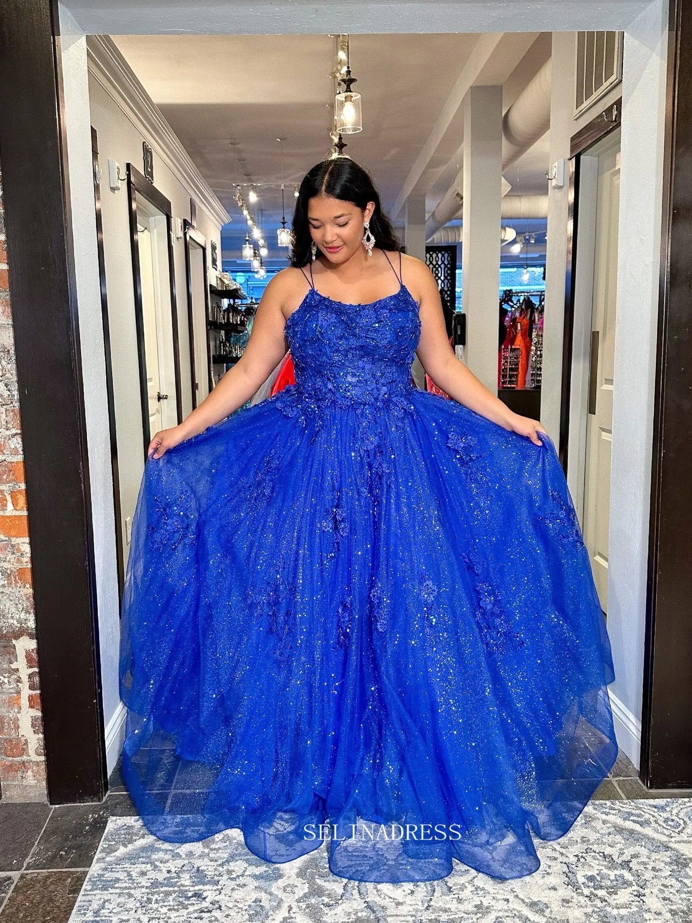 A-line Spaghetti Straps Royal Blue Sparkly Lace Long Prom Dress sew1068