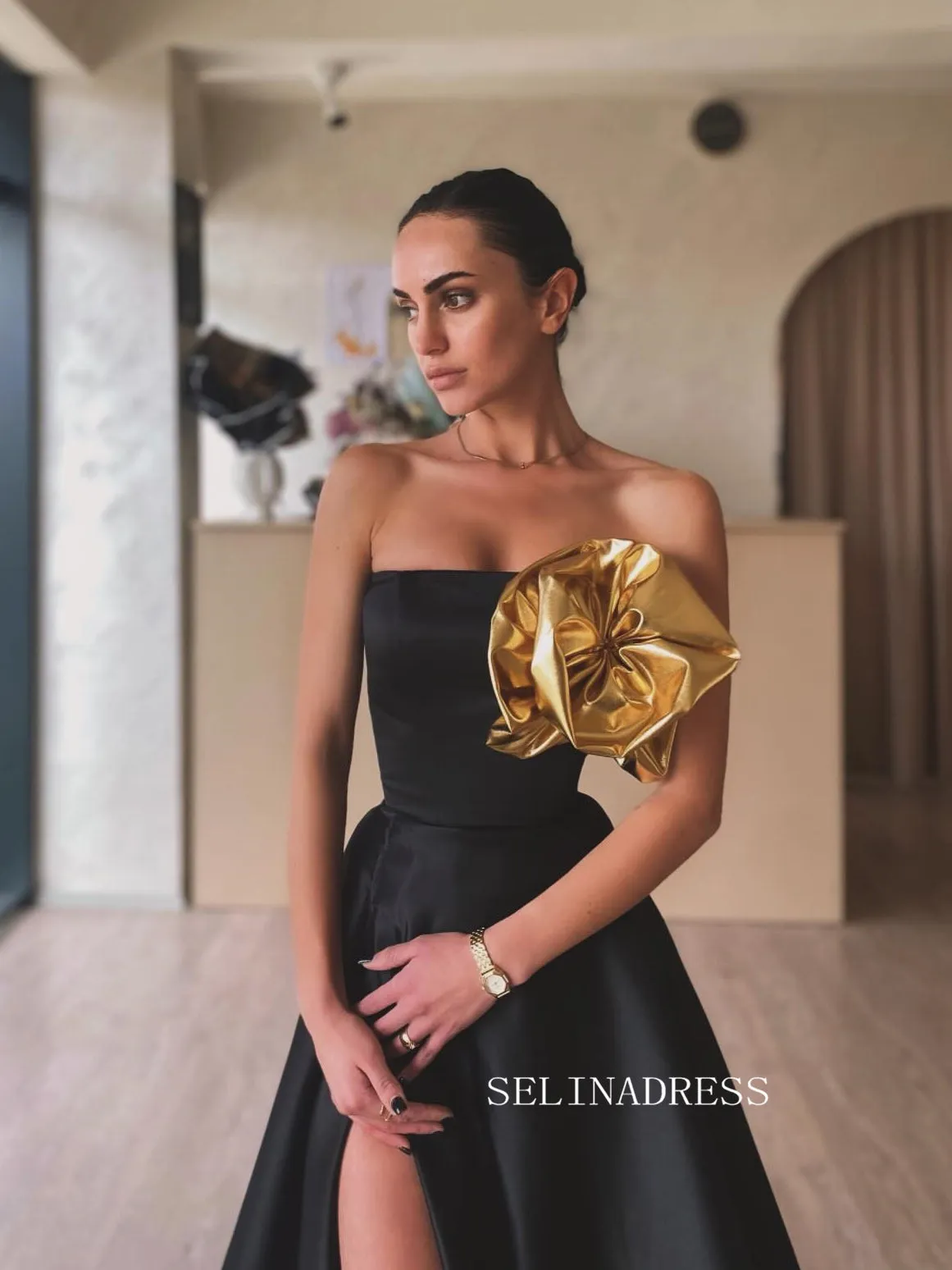 A-line Strapless Black Long Prom Dress With Slit SEW1122