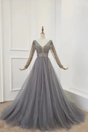 A Line V Neck Long Sleeves Tulle Gray Prom Dress with Beading, Party Dresses UQ2578