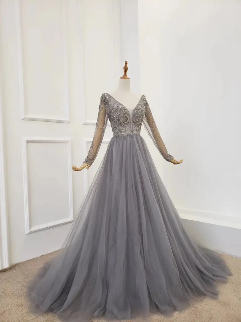 A Line V Neck Long Sleeves Tulle Gray Prom Dress with Beading, Party Dresses UQ2578