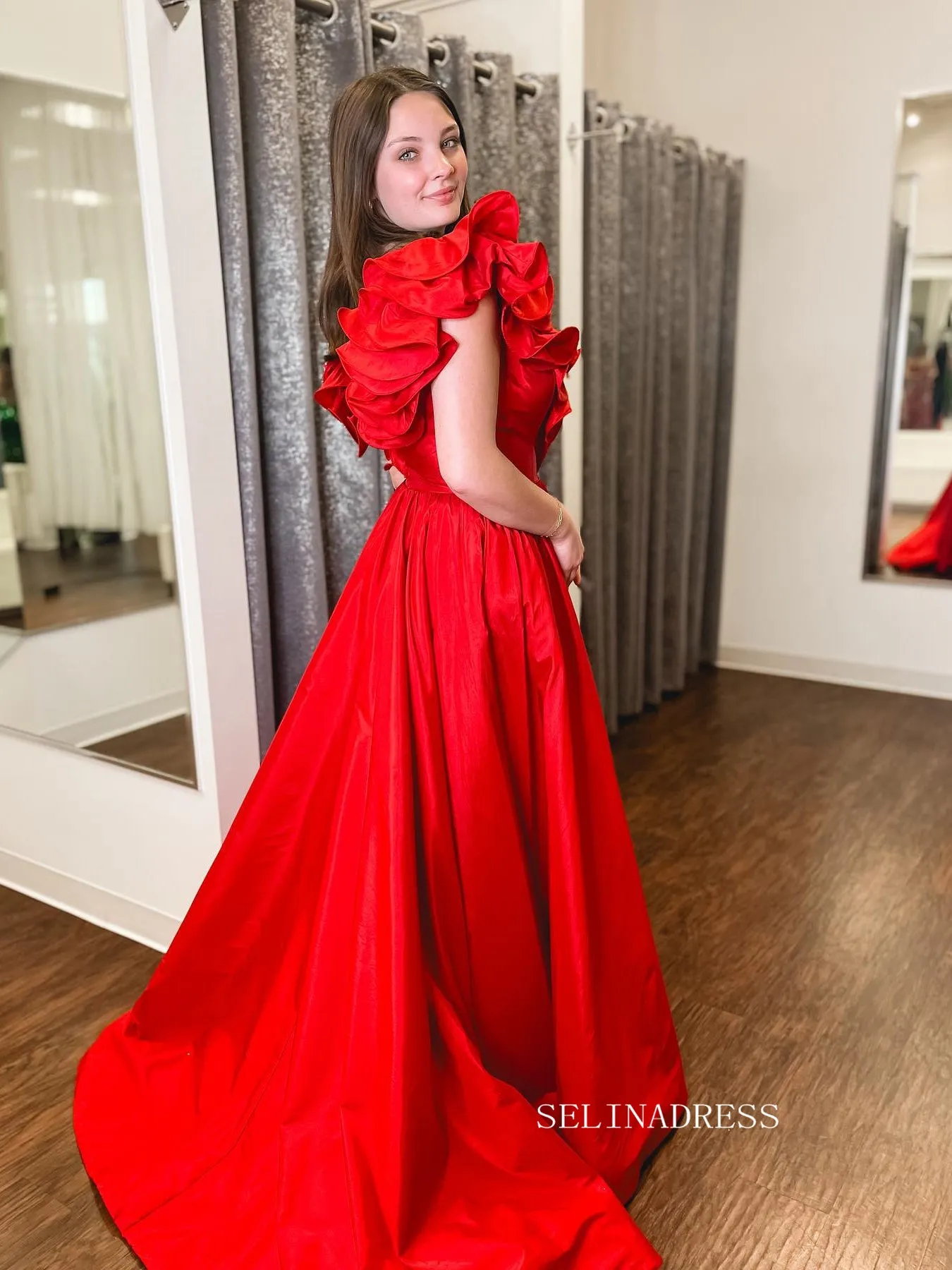 A-line V neck Taffeta Red Long Prom Dress Evening Dress Long Prom Dress SEW1125