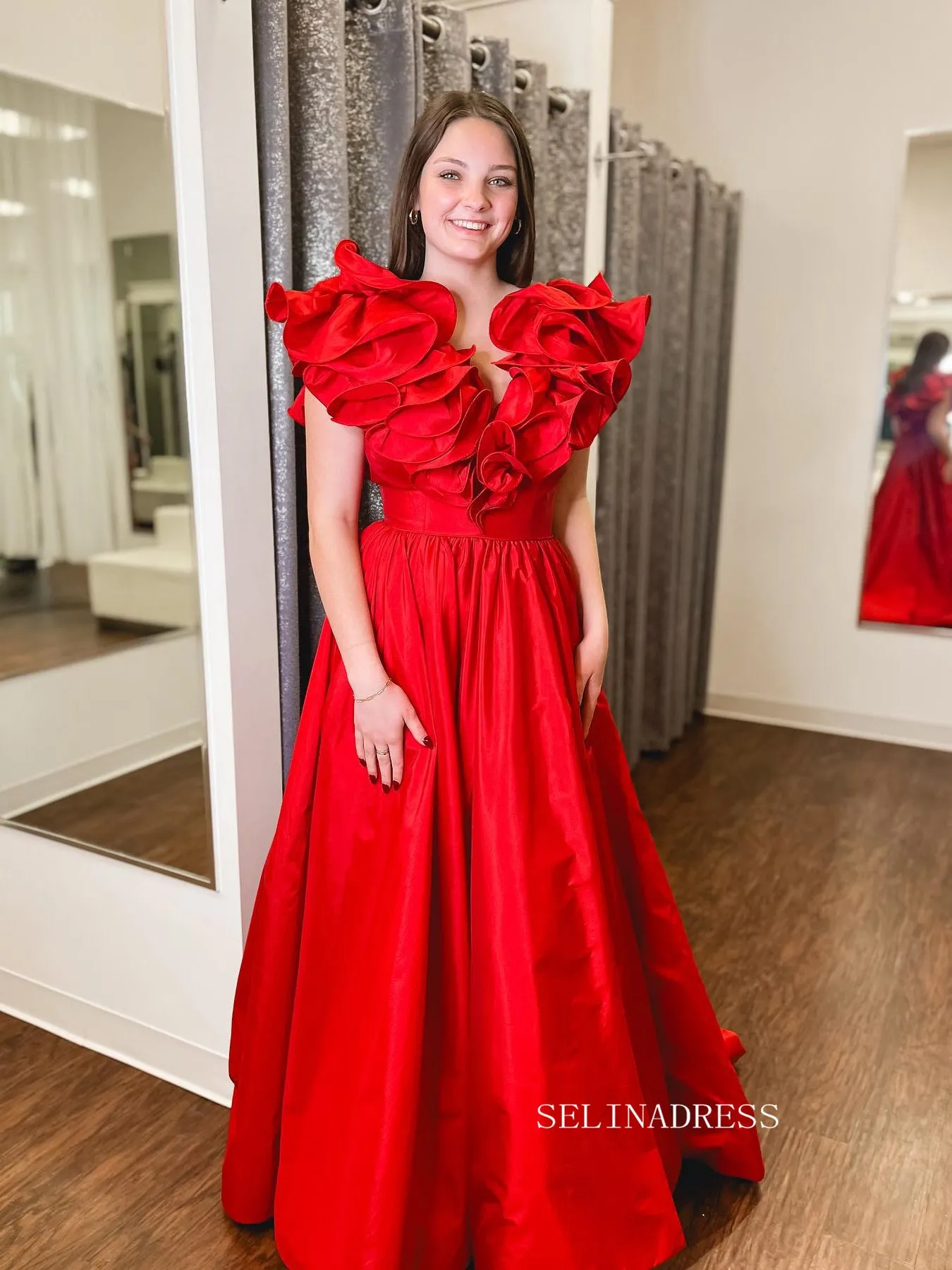 A-line V neck Taffeta Red Long Prom Dress Evening Dress Long Prom Dress SEW1125