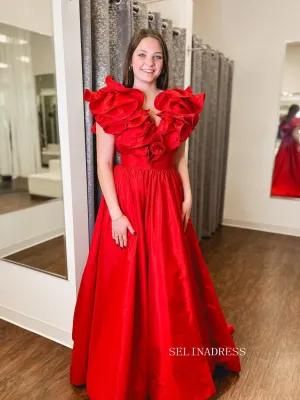 A-line V neck Taffeta Red Long Prom Dress Evening Dress Long Prom Dress SEW1125