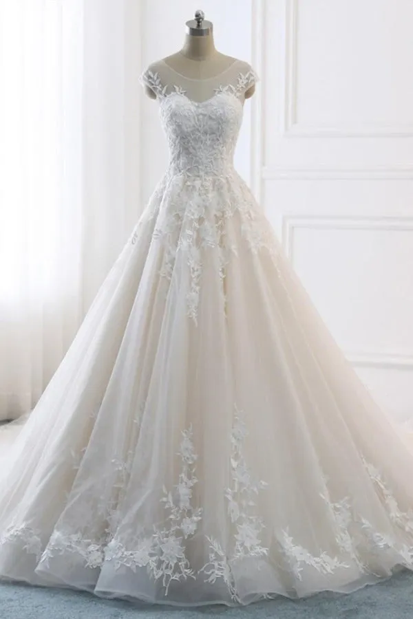 A Line White Lace Appliqued Wedding Dress Cap Sleeve Bridal Gown WW265