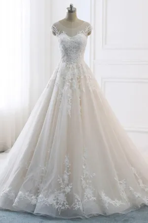 A Line White Lace Appliqued Wedding Dress Cap Sleeve Bridal Gown WW265