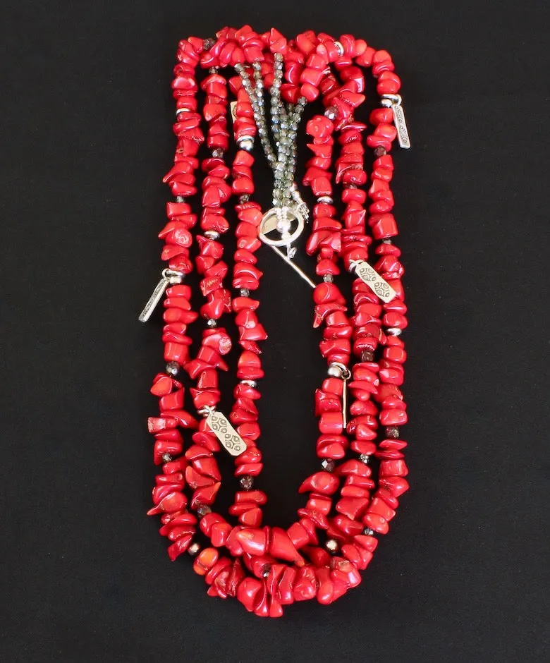Bamboo Coral Nugget 3-Strand Necklace with Hill Tribe Silver Charms, Czech Glass and Oxidized Sterling