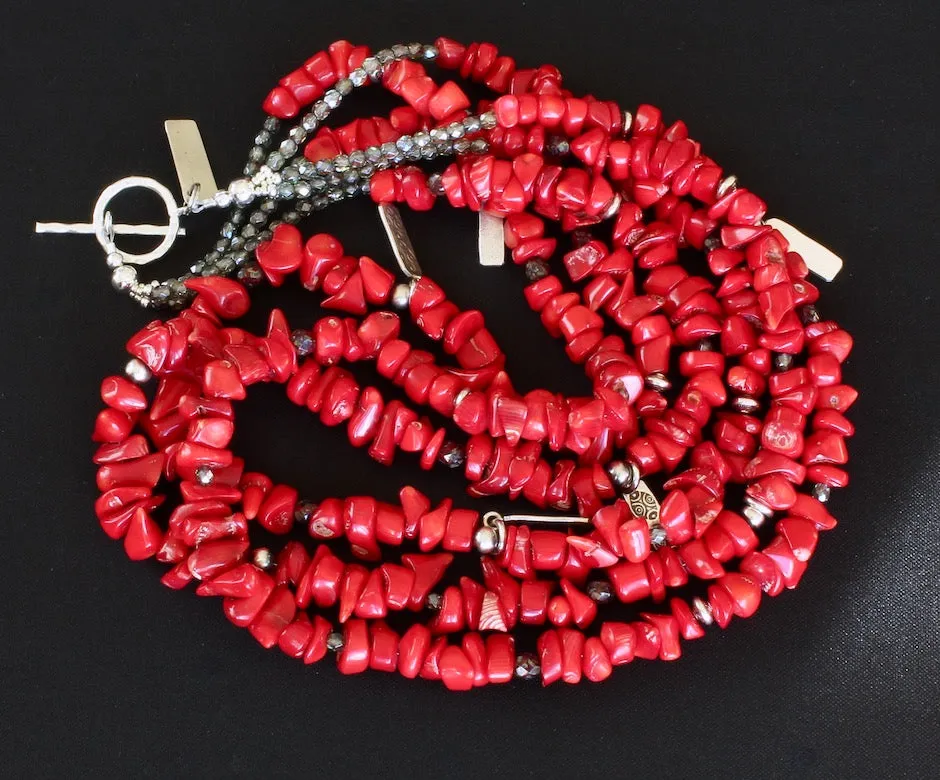Bamboo Coral Nugget 3-Strand Necklace with Hill Tribe Silver Charms, Czech Glass and Oxidized Sterling