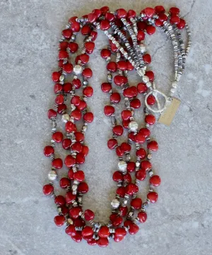 Bamboo Coral Triangles 4-Strand Necklace with Bench-Made Sterling Silver Rounds, Czech Glass, Oyster Shell Heishi, and a Sterling Silver Toggle Clasp
