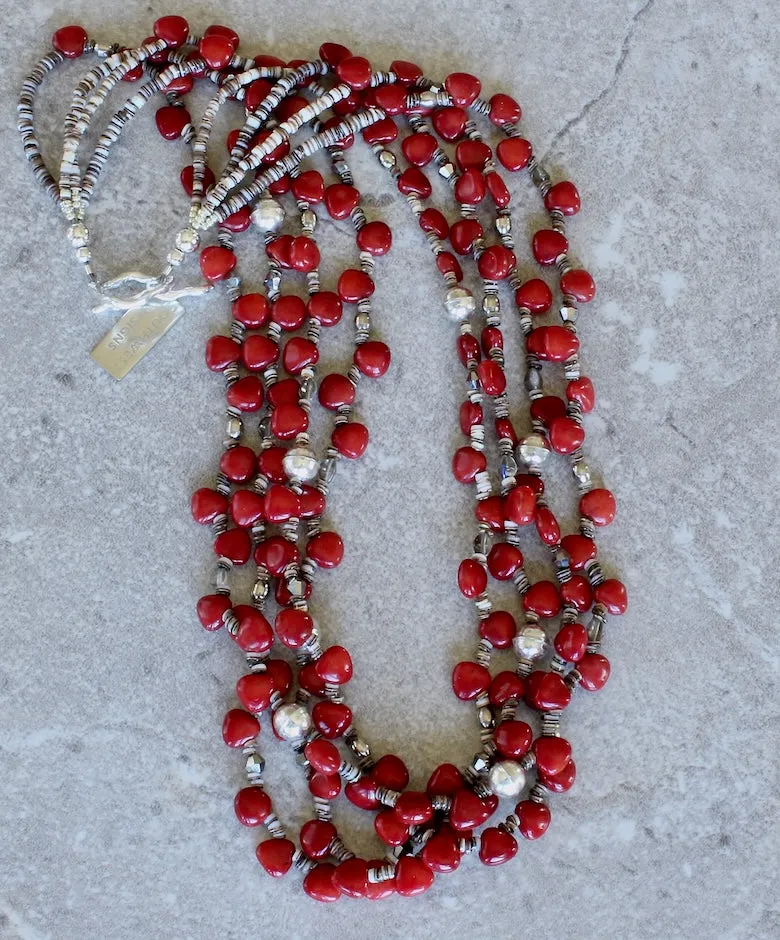 Bamboo Coral Triangles 4-Strand Necklace with Bench-Made Sterling Silver Rounds, Czech Glass, Oyster Shell Heishi, and a Sterling Silver Toggle Clasp