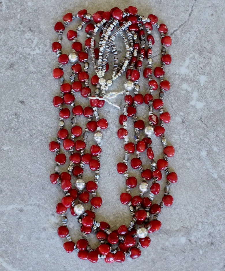 Bamboo Coral Triangles 4-Strand Necklace with Bench-Made Sterling Silver Rounds, Czech Glass, Oyster Shell Heishi, and a Sterling Silver Toggle Clasp