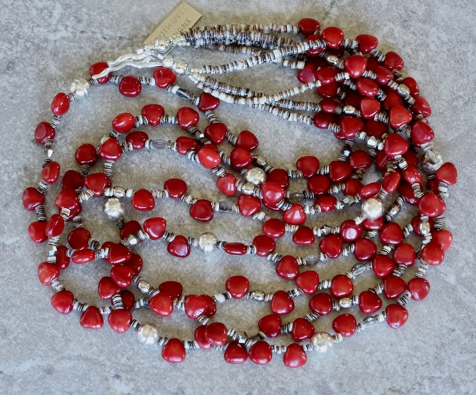 Bamboo Coral Triangles 4-Strand Necklace with Bench-Made Sterling Silver Rounds, Czech Glass, Oyster Shell Heishi, and a Sterling Silver Toggle Clasp
