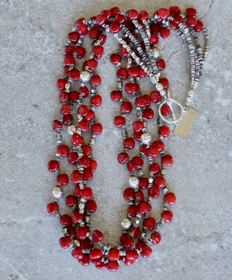 Bamboo Coral Triangles 4-Strand Necklace with Bench-Made Sterling Silver Rounds, Czech Glass, Oyster Shell Heishi, and a Sterling Silver Toggle Clasp