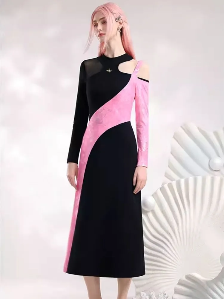Black Pink Color Clash Long Dresses【s0000006845】
