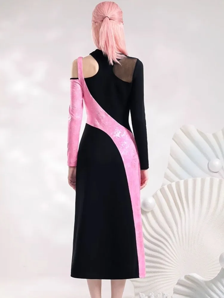 Black Pink Color Clash Long Dresses【s0000006845】