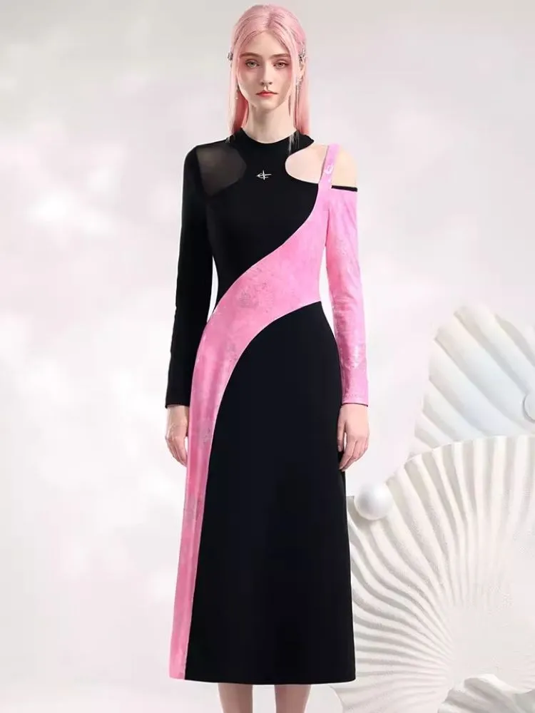 Black Pink Color Clash Long Dresses【s0000006845】
