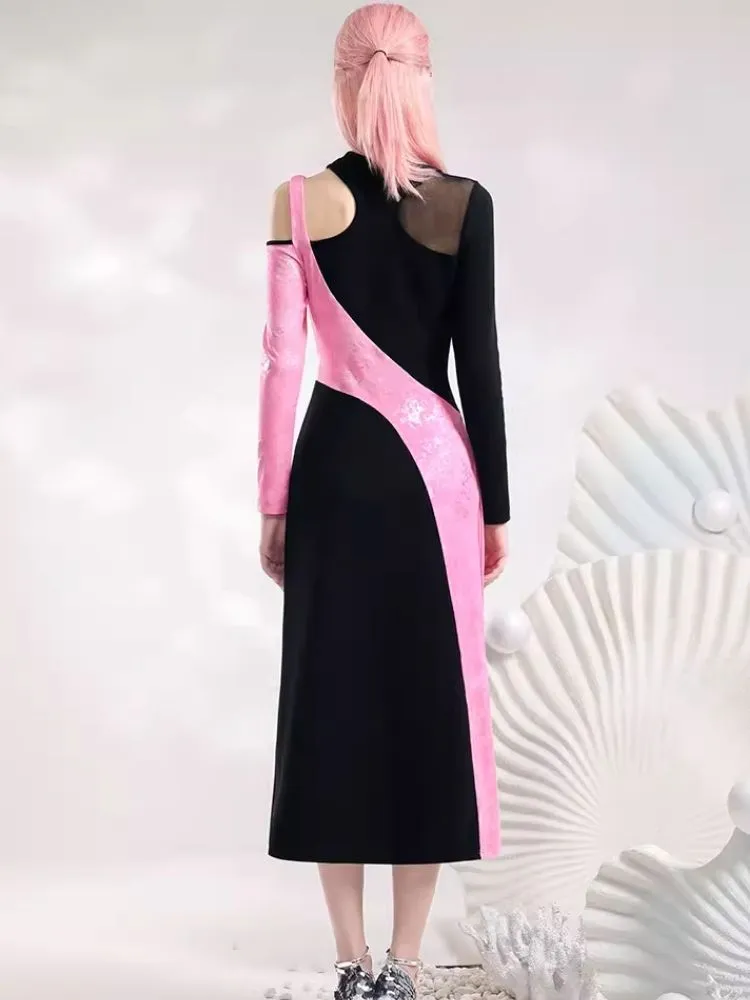 Black Pink Color Clash Long Dresses【s0000006845】