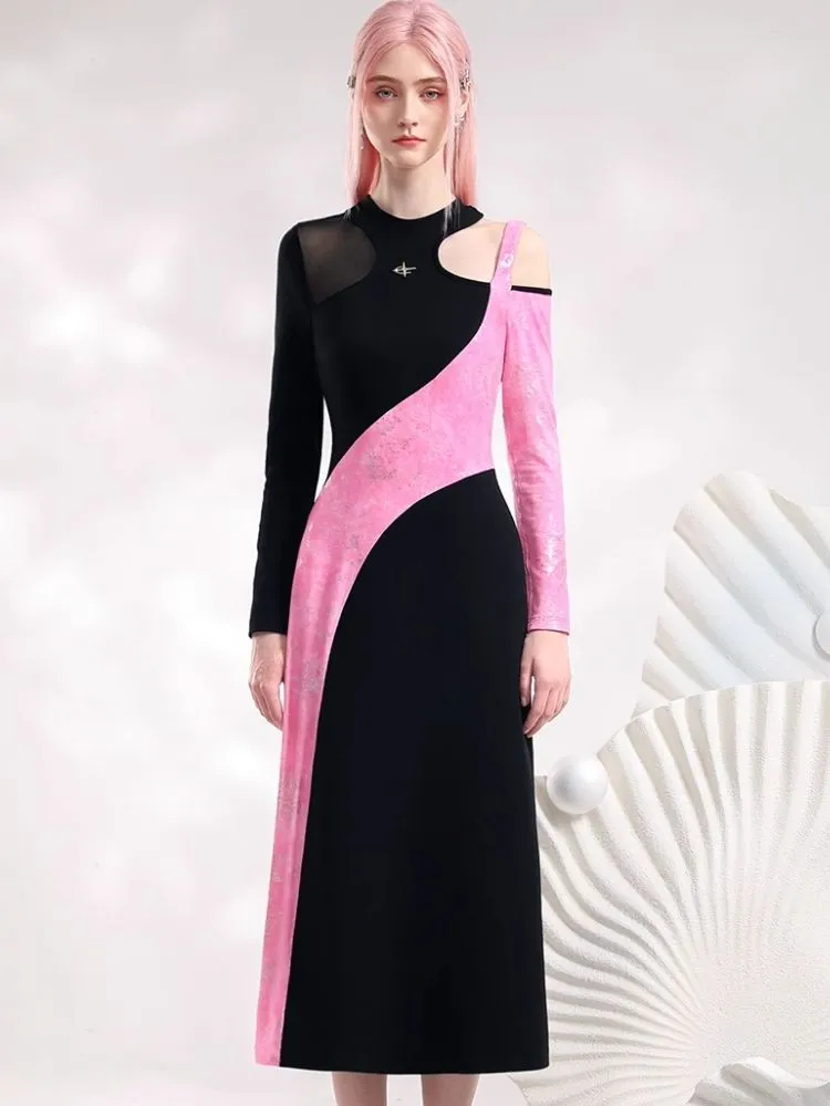 Black Pink Color Clash Long Dresses【s0000006845】