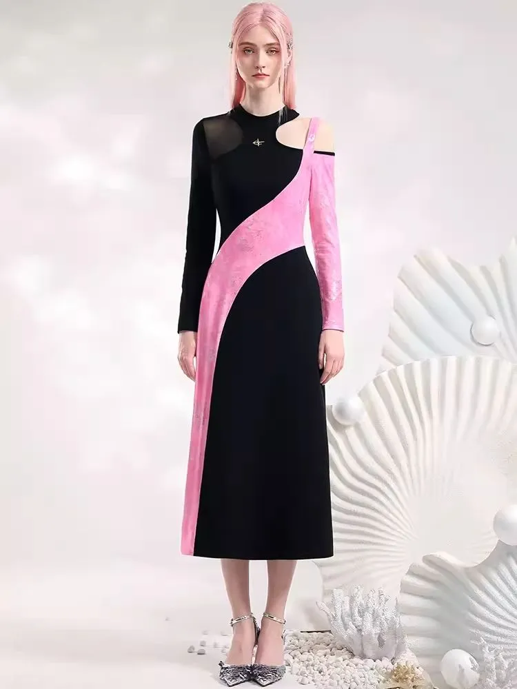 Black Pink Color Clash Long Dresses【s0000006845】