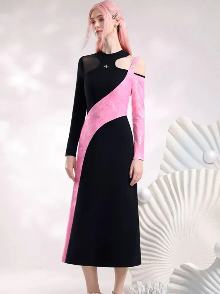 Black Pink Color Clash Long Dresses【s0000006845】