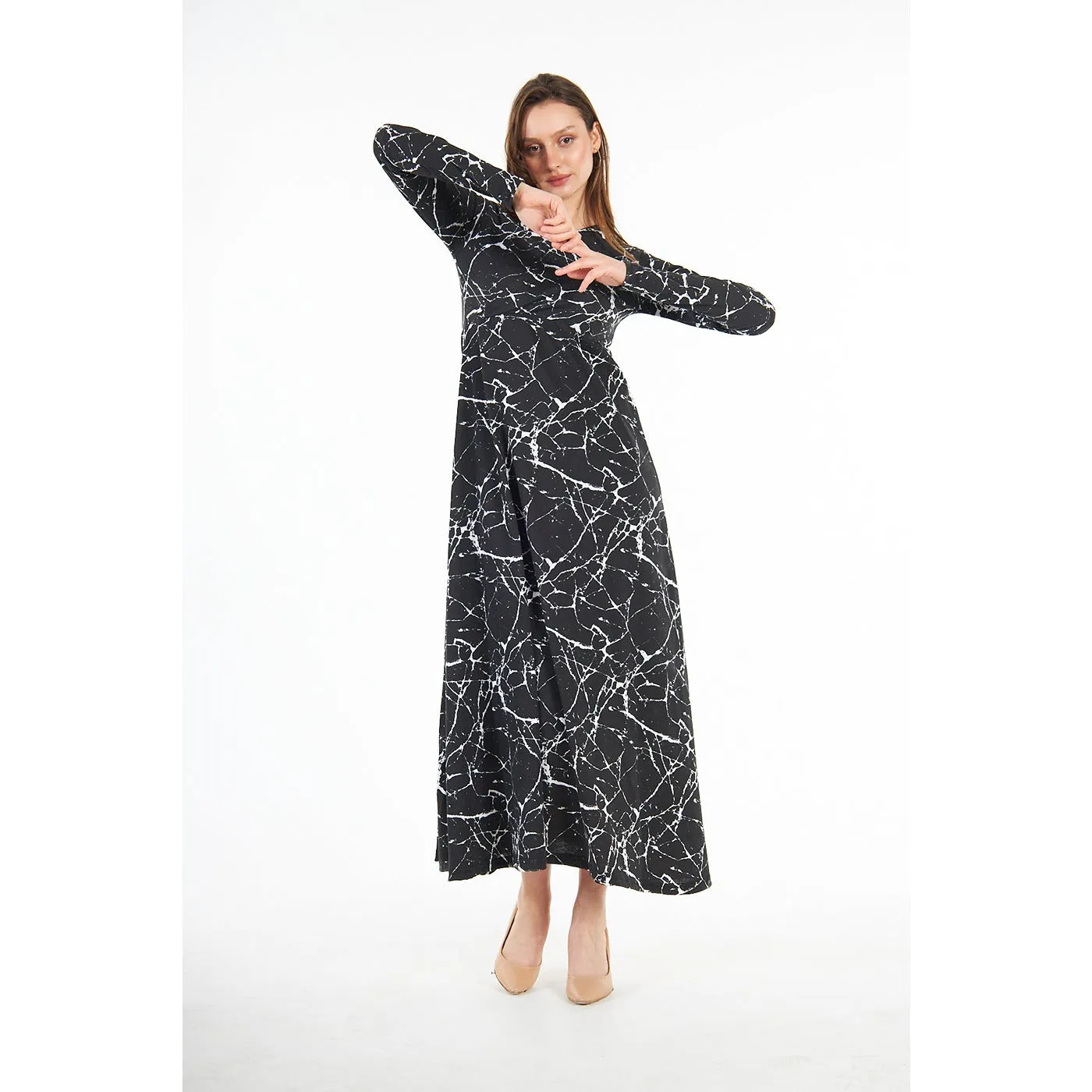 Black Printed Double Breasted Long Dress