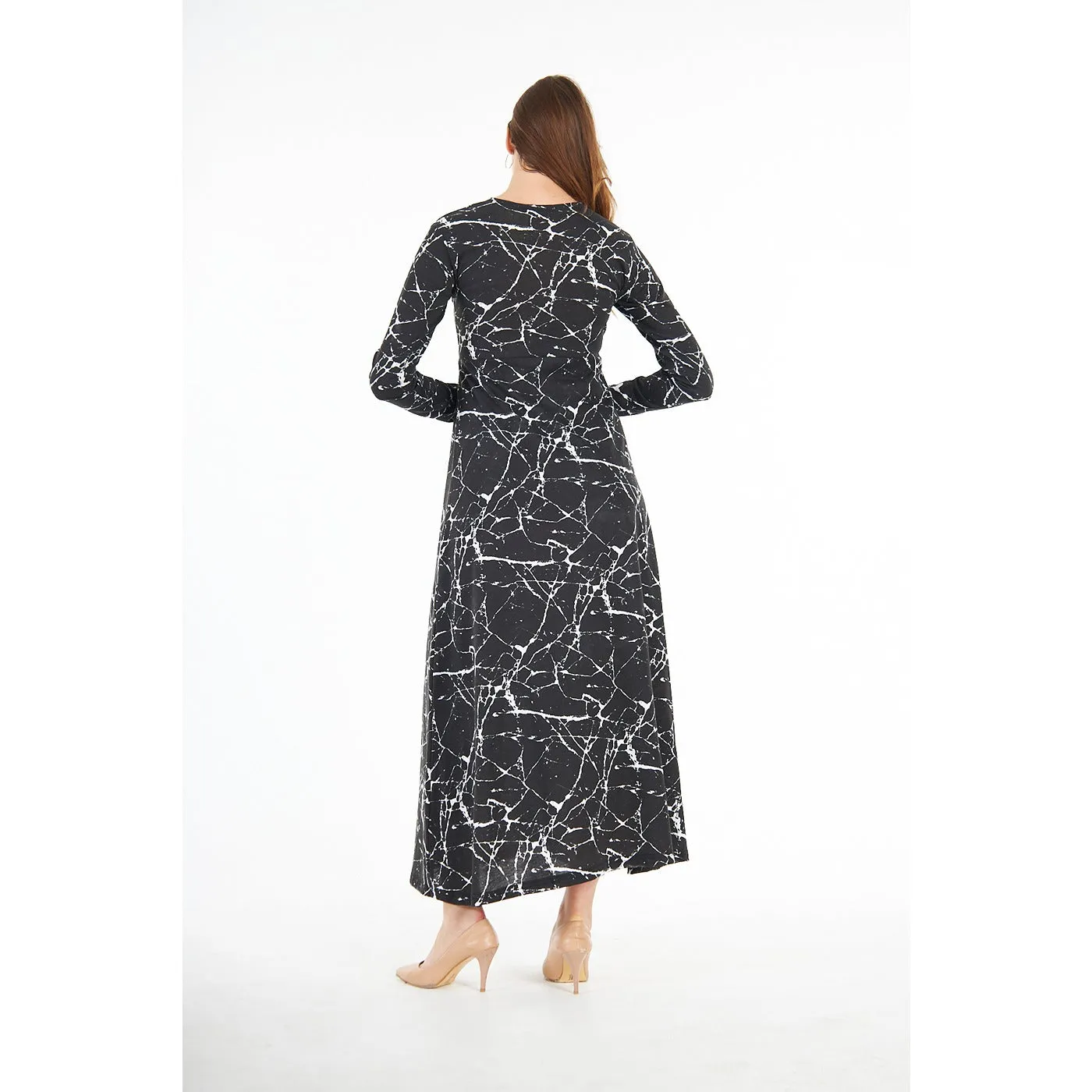 Black Printed Double Breasted Long Dress