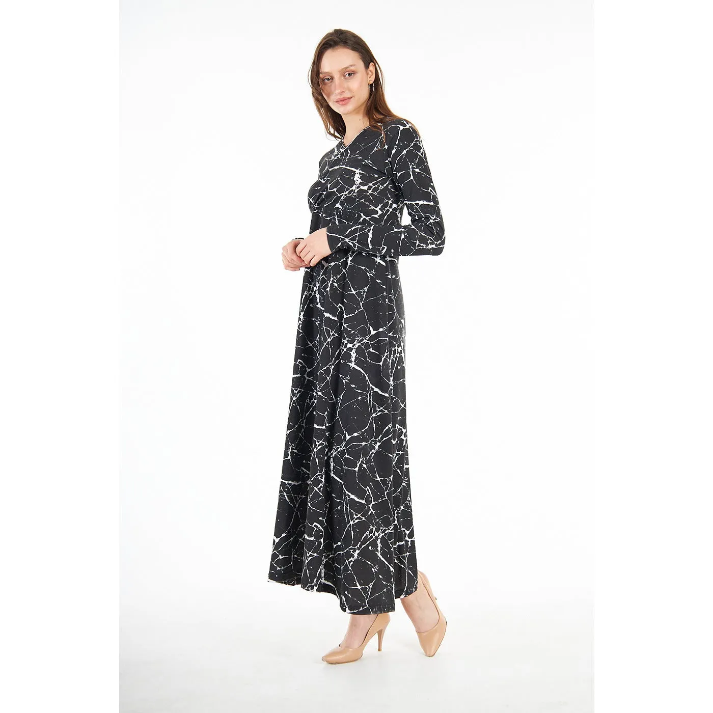 Black Printed Double Breasted Long Dress