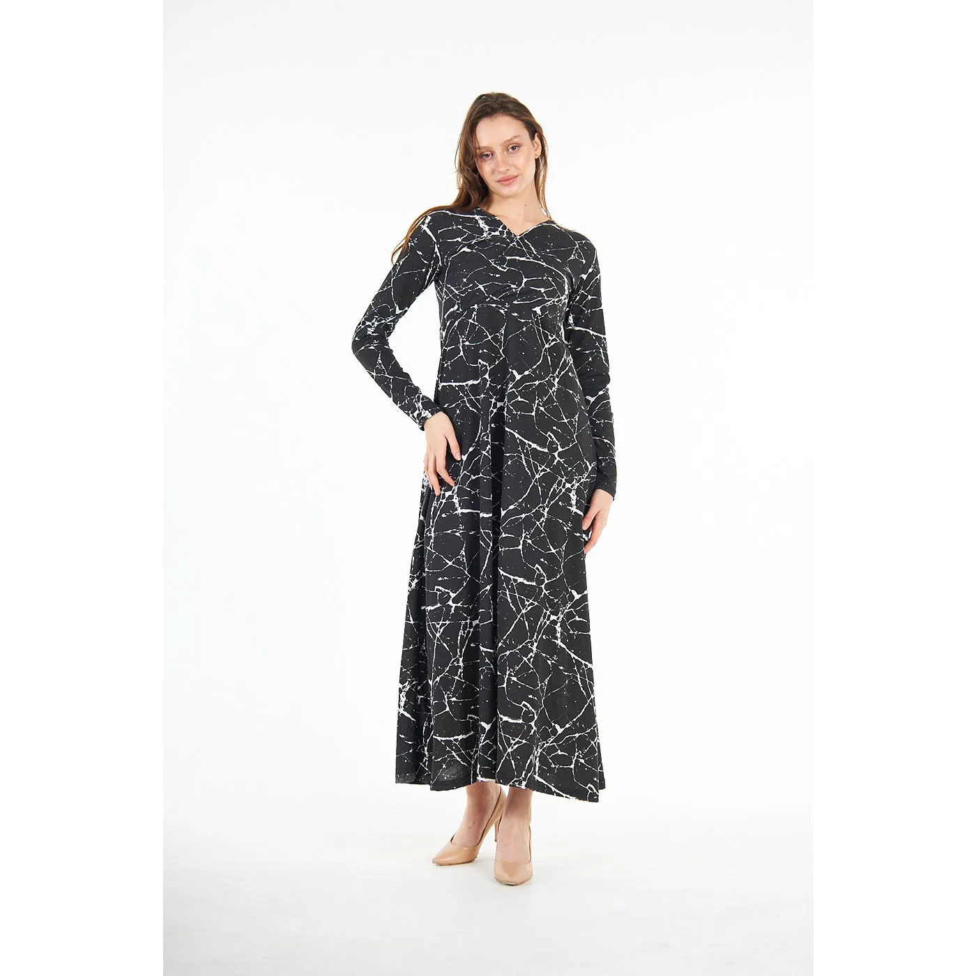 Black Printed Double Breasted Long Dress